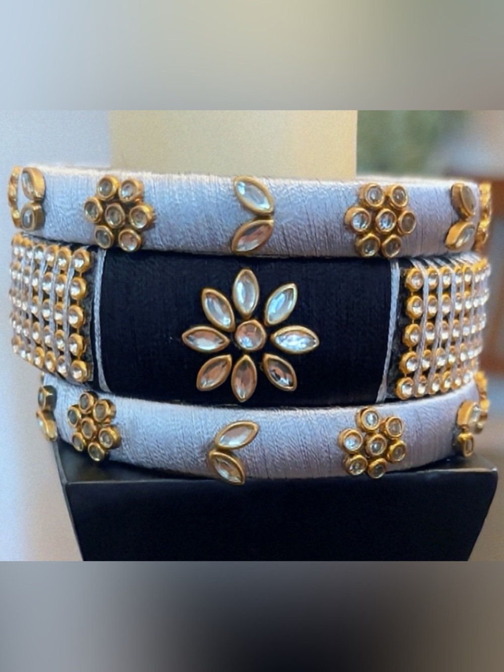 Handcrafted Silk Thread Bangles with Kundan Jewels and Floral Designs